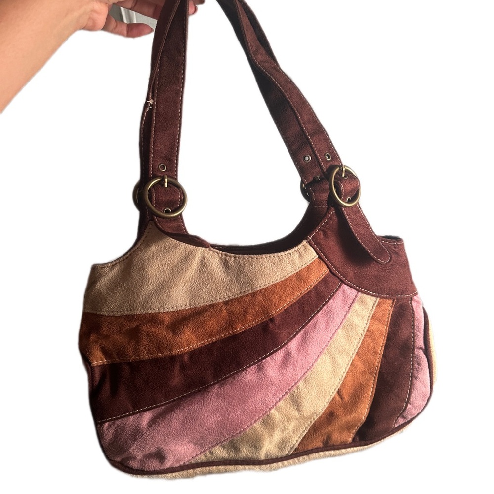 Minicci Patchwork Suede Shoulder Bag in Brown, Pink & Tan